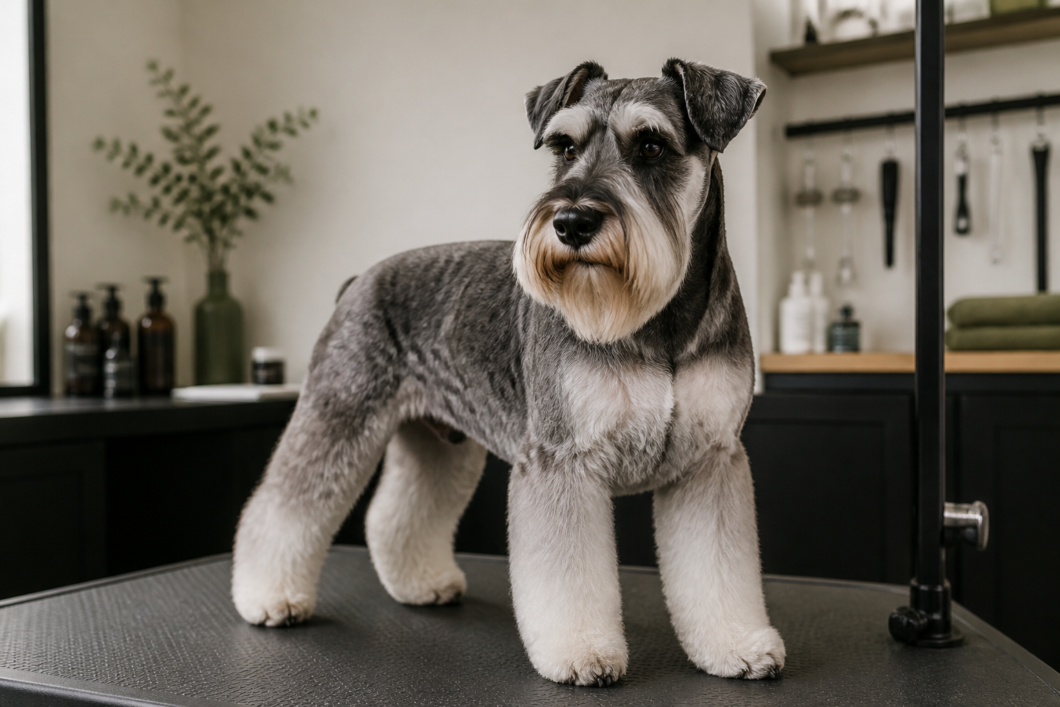 Schnauzer recién arreglado en un espacio de peluquería canina